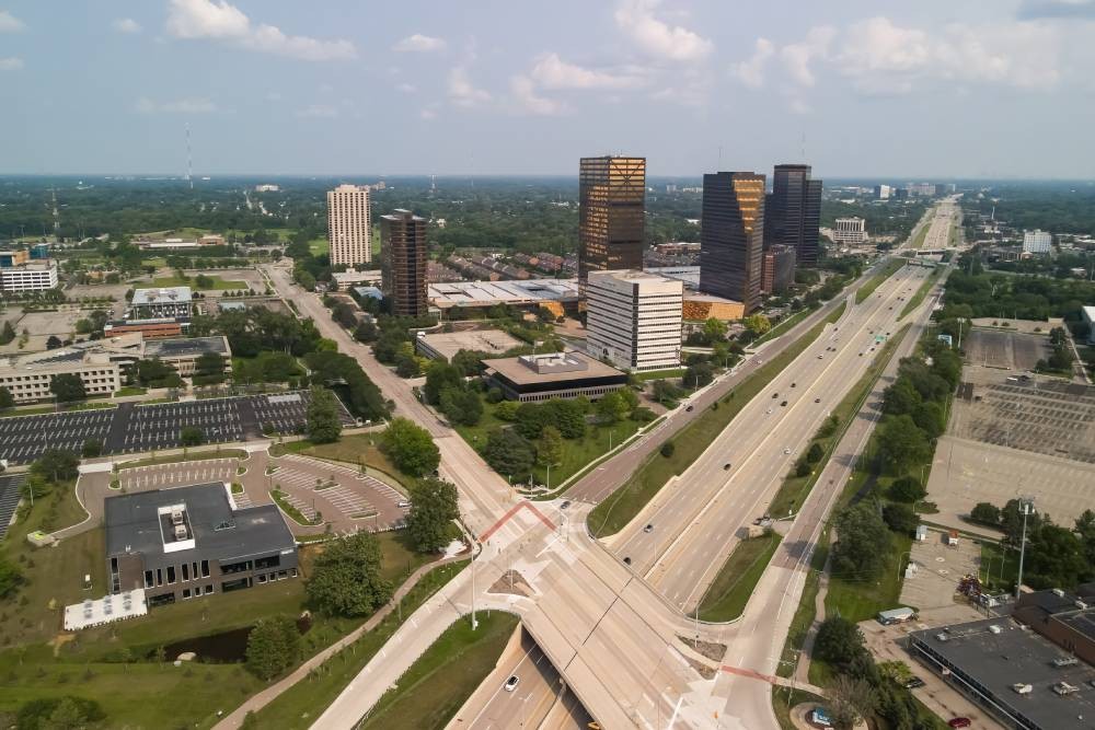 An aerial photograph of Southfield, MI, which is a northern suburb located in Oakland County, MI